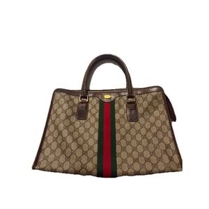 Gucci Vintage GG Supreme Monogram Web Stripe Tote Bag Brown Leather Briefcase
